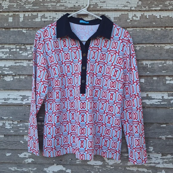 J. McLaughlin Signature Catalina Geometric Print Polo Collared Button Shirt Top - Picture 2 of 7